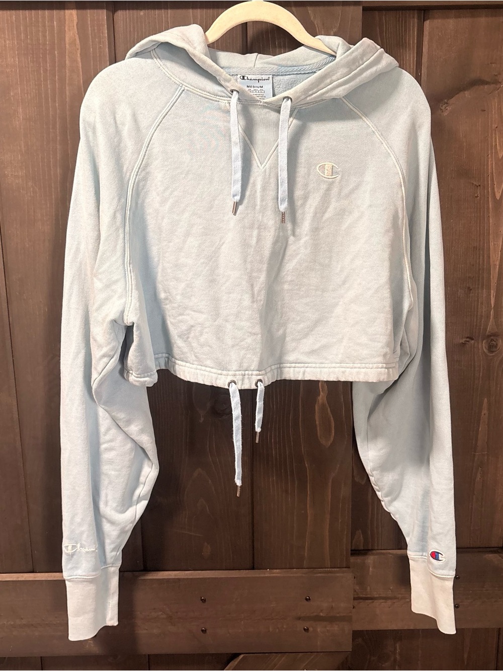 Champion Light Blue Cropped Drawstring Hoodie medium